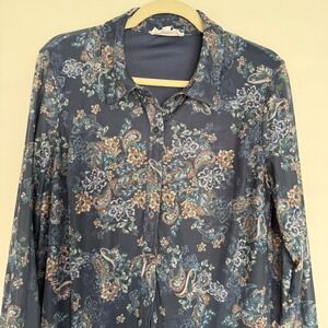 Lucky Brand Women's Shirt Dress Medium Midi Navy Floral Sheer Whimsy Fairy